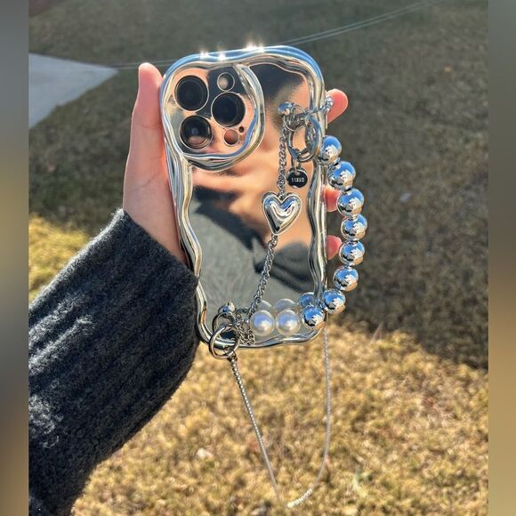 Silver Mirror iPhone 16 Case with Chain and Beads - Picture 4 of 9